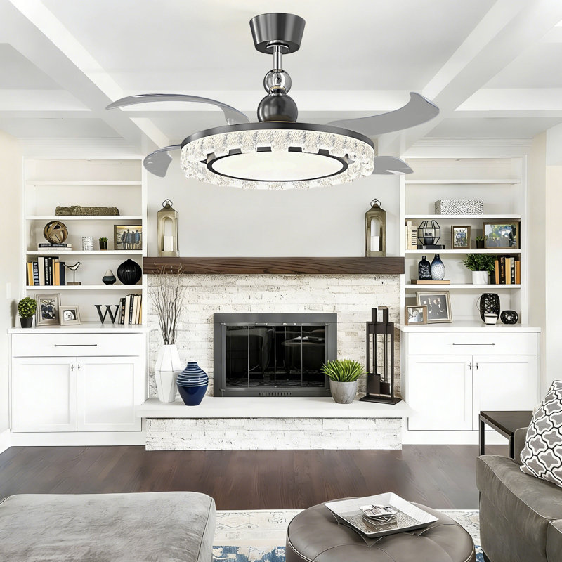 Ventilateur de plafond moderne rétractable de 42 po avec lumières DEL, pales invisibles, télécommande et commande APP, ventilateur de plafond à intensité variable 3 couleurs pour le salon