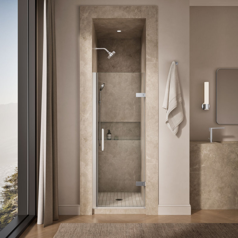 Composed 27-5/8-In28-3/8-In W X 71-1/2-In H Frameless Pivot Shower Door With 3/8-In Crystal Clear Glass And Back-To-Back Vertical Door Pulls