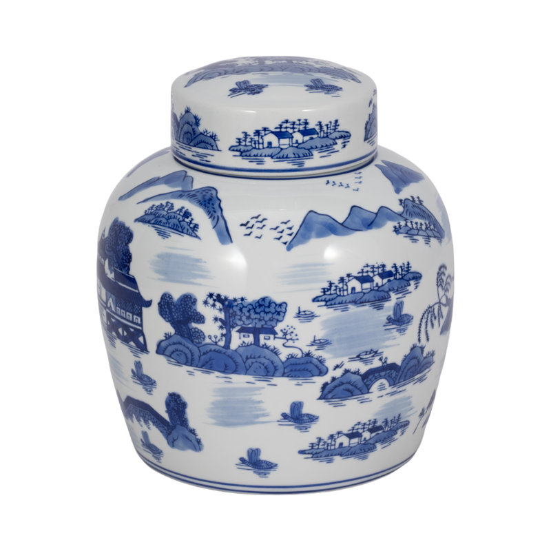 Contenant décoratif en grès cérame chinoiserie avec couvercle