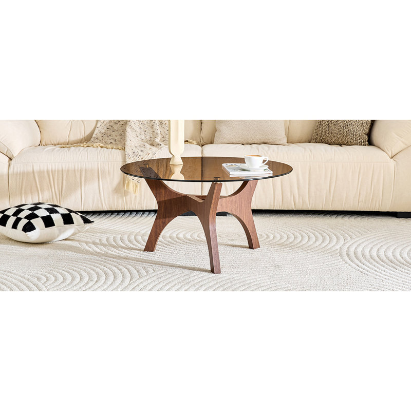 31.5" Glass Coffee Table, Mid-Century Modern Style, Walnut