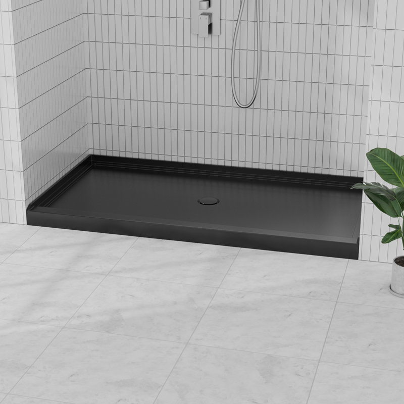 60" W X 36" D Acrylic Shower Base, Composite Single Threshold Shower Pan, Center Drain Slip-Resistant, Gloss Black