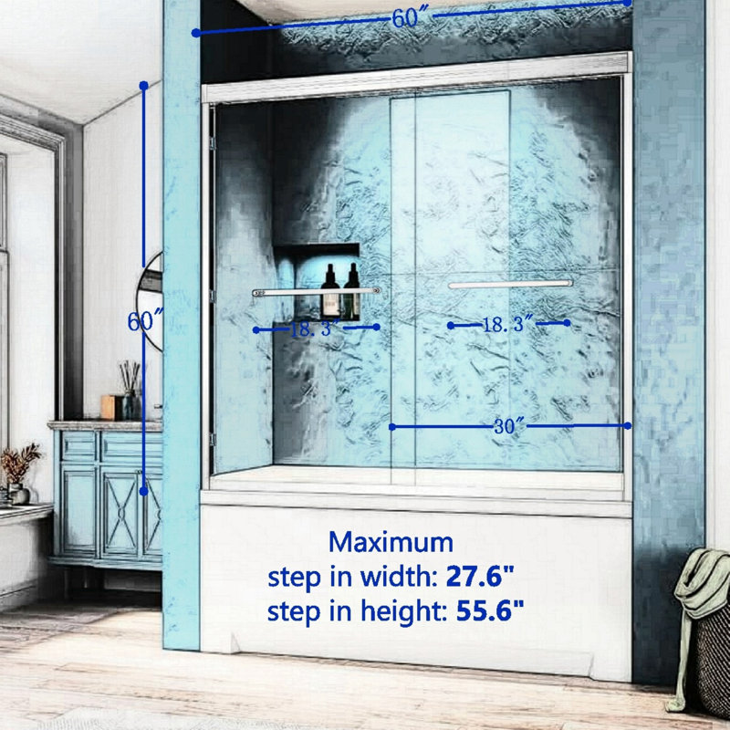 56-60"W x 60"H Double Sliding Tub Shower Door, Aluminium Alloy Frame in Chrome, 1/4" (6mm) Thick SGCC Tempered Clear Glass