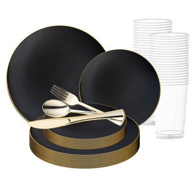 Ensemble de 30 pièces en plastique jetable rond noir à bordure dorée, de qualité supérieure, idéal pour un mariage.