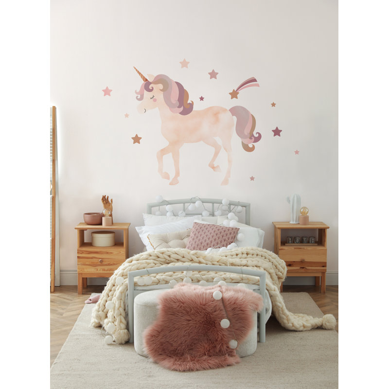 Autocollant mural aquarelle scintillant licorne avec étoiles, H 49,5 po x l 46 po, Or rose