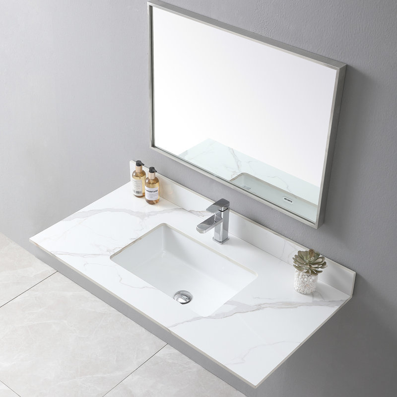 Dessus de meuble-lavabo en pierre frittée 43 x 22 avec lavabo en céramique et matériau de texture exquise