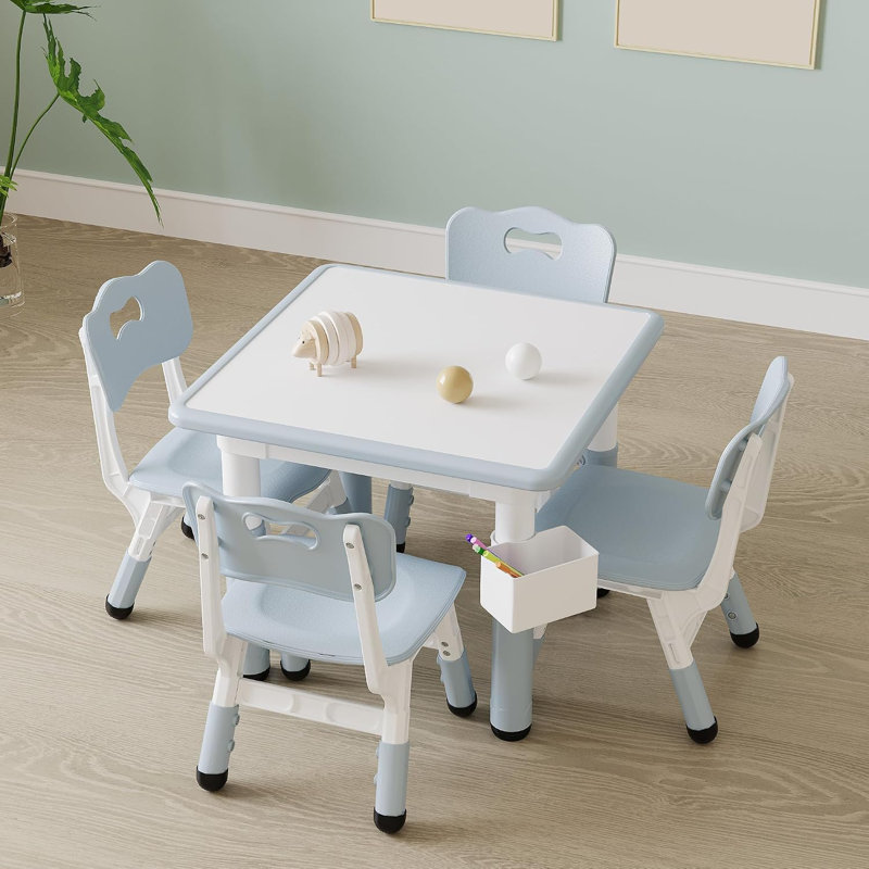 Ensemble de table et 4 chaises pour enfants, hauteur réglable – Surface tableau blanc, bords arrondis, pieds antidérapants, facile à nettoyer, multi-activités pour lire, dessiner, jouer, salle de jeux – Gris pâle, bureau tableau blanc