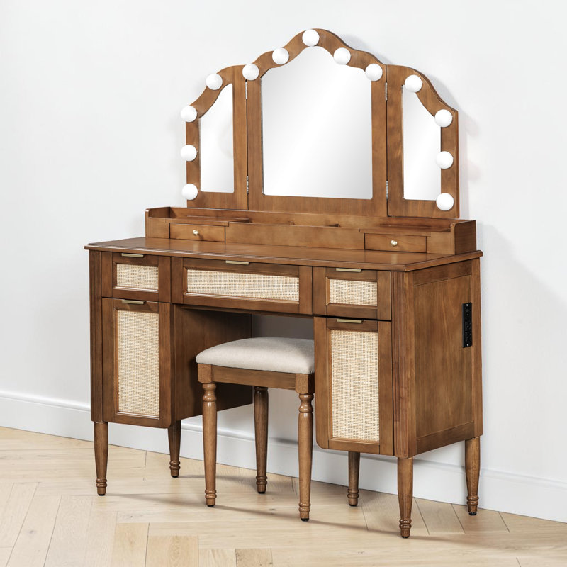 Ensemble de coiffeuse de maquillage avec tabouret, miroir lumineux à trois volets Hollywood, bois, conception de tiroir tissé, rétro français, espace de rangement de la chambre à coucher