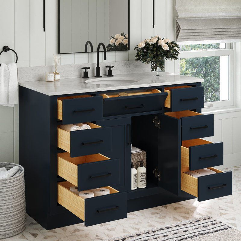 Meuble-lavabo simple en bois massif 48 po avec lavabo en marbre de Carrare 0,75 po Jameal, Ovale, Bleu minuit, 48"