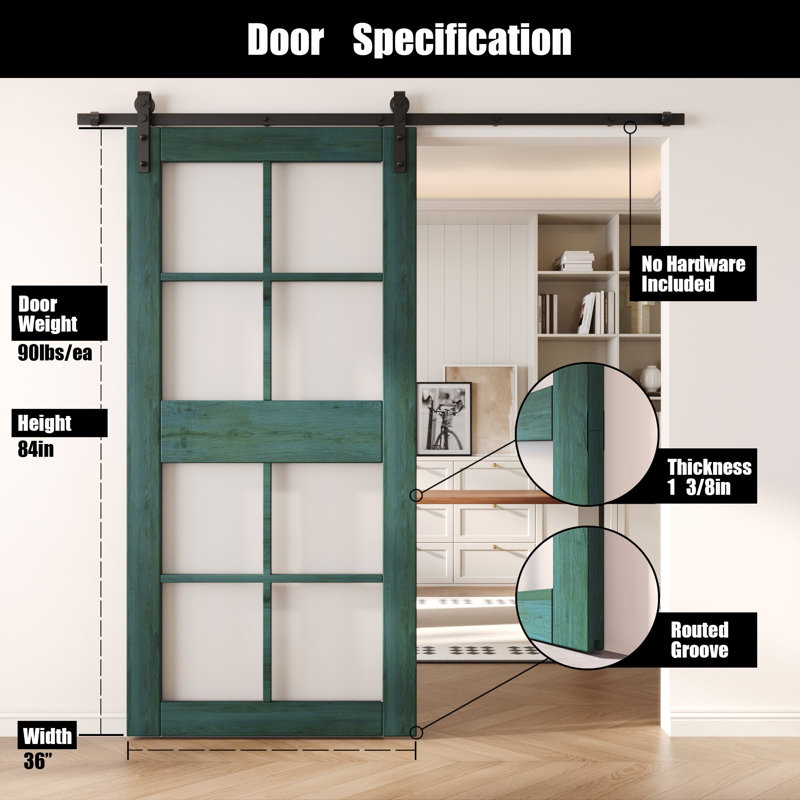 Homacer Royal Pine 36in x 84in 8-Lite Glass Design Unassembled & Finished Barn Door, interior use only, 36" x 84"