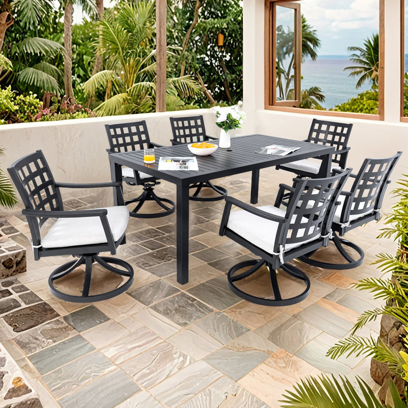 Ensemble de salle à manger 7 pièces en fonte d'aluminium avec table rectangulaire et 6 chaises berçantes pivotantes - noir Ember, coussins Sunbrella