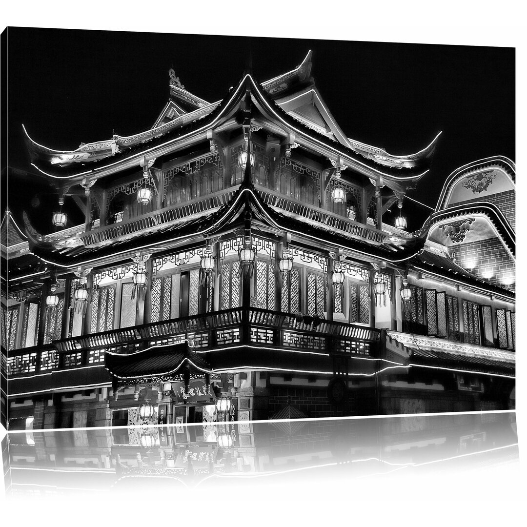 Leinwandbild Dark prächtiges chinesisches Haus in Monochrom