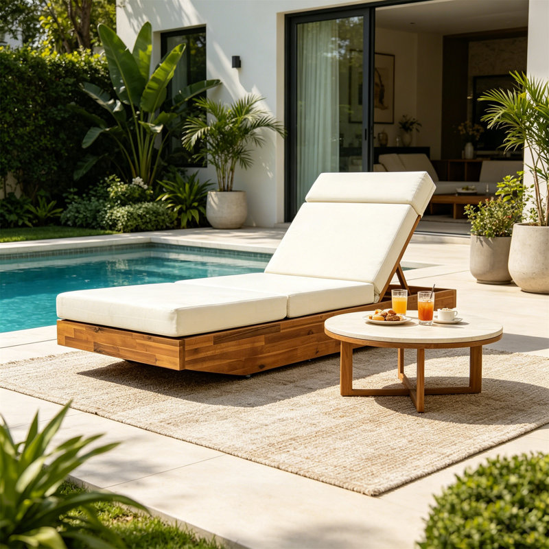 Chaise longue d'extérieur moderne en bois d'acacia avec coussin hydrofuge beige et appui-tête intégré, conception réglable et pliable pour patio, piscine, jardin