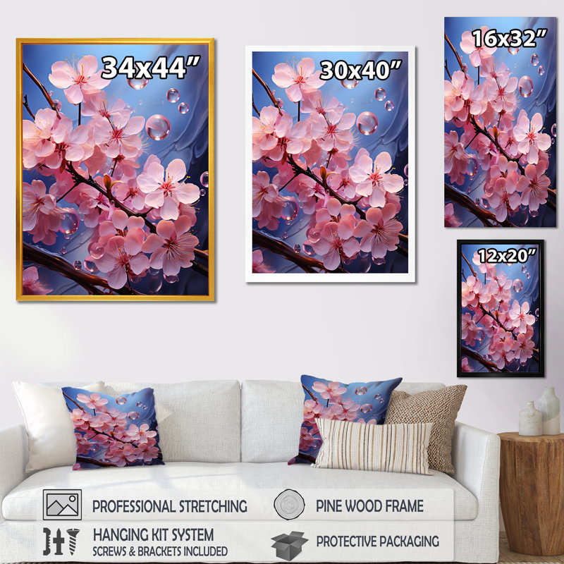 Fleur de cerisier rose, joyau de jardin IV - art mural cerisier en fleurs, Cadre simple blanc, H 44 po x l 34 po x P 1,5 po