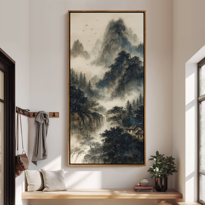 Grande toile murale encadrée, impression de paysage de style cascade de montagne asiatique Zen - 60 po x 30 po