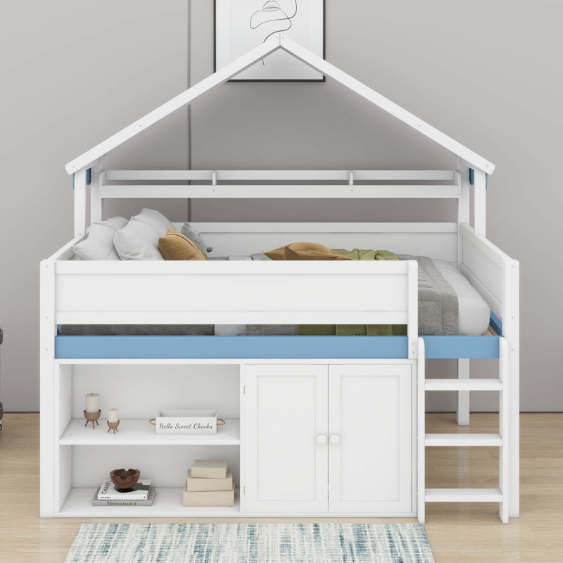 Full Size Loft Bed With Canopy Roof, White/Blue