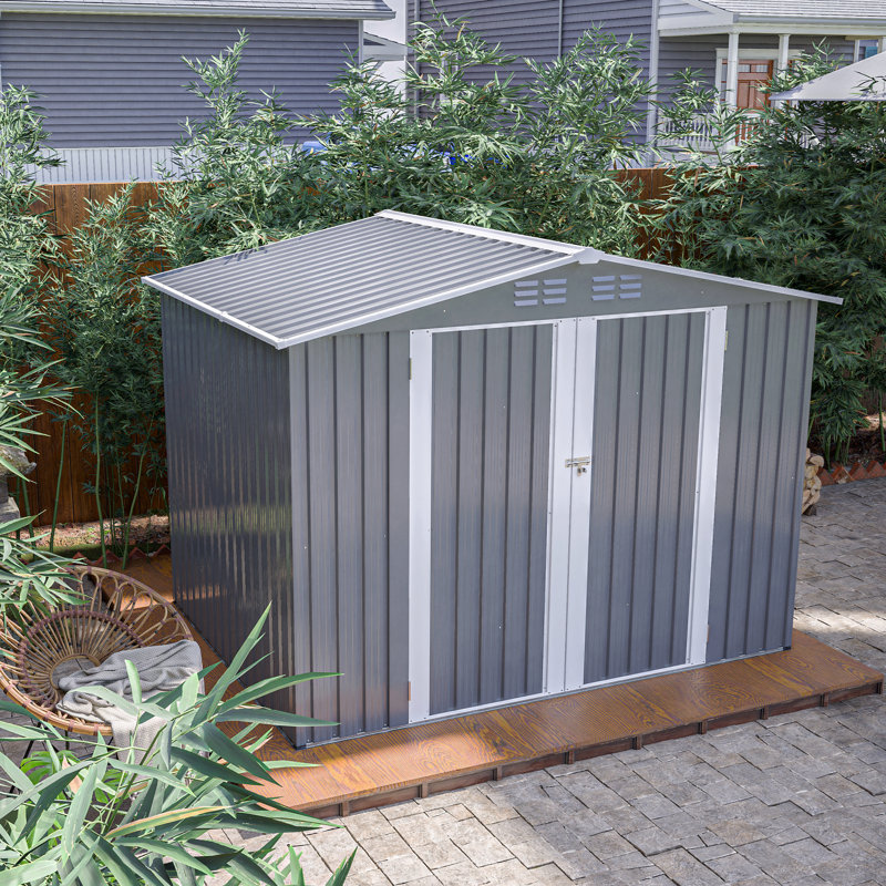 Remise pour outils de jardin 8 x 6 pi imperméable avec fondation en métal avec structure de plancher, remise à outils avec portes à charnières verrouillables et évents