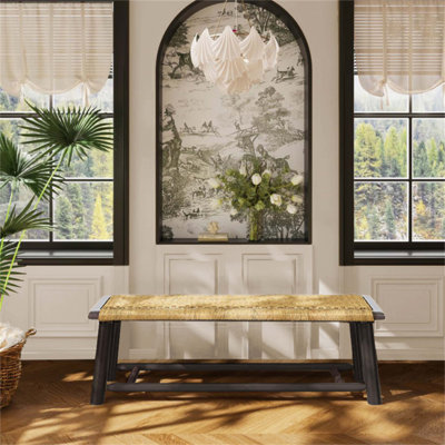 Farmhouse Modern Solid Wood Rattan Bench - 59 Inch Indoor & Covered Outdoor Multi-Functional Design