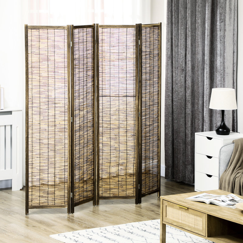 Écrans d'intimité portables 5,5 pi, paravent 4 panneaux. Tissé à la main, bois, pour diviseur de coin de bureau, intimité. Tissé à la main et maison