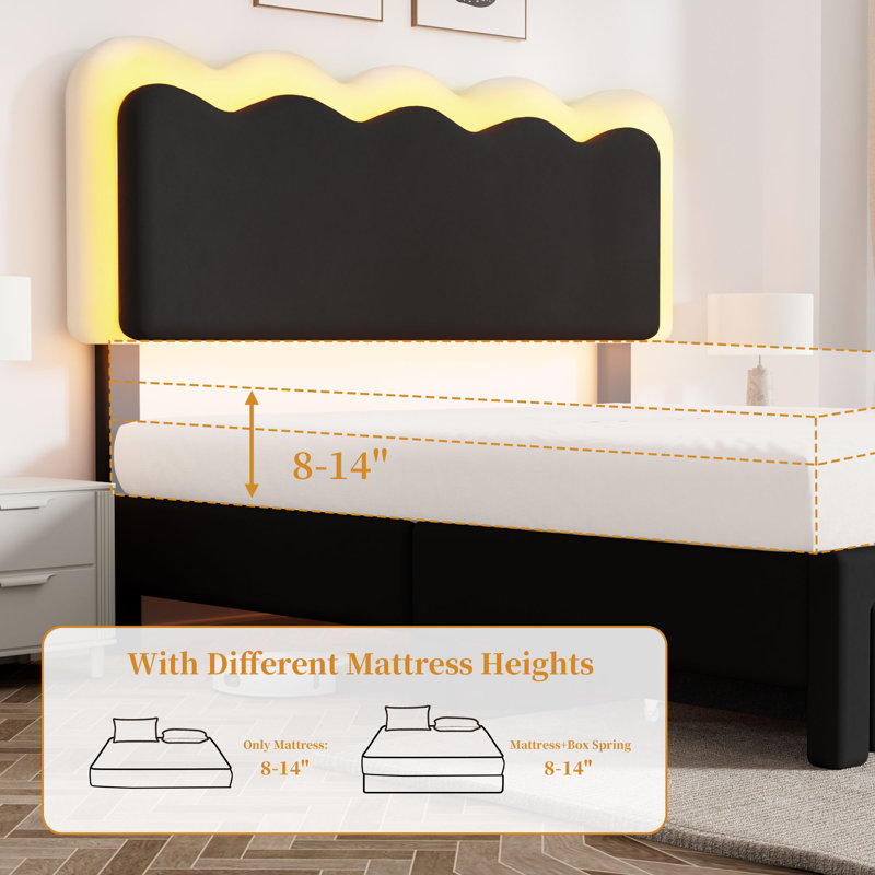 Upholstered LED Bed Frame with Drawer, Black, Full