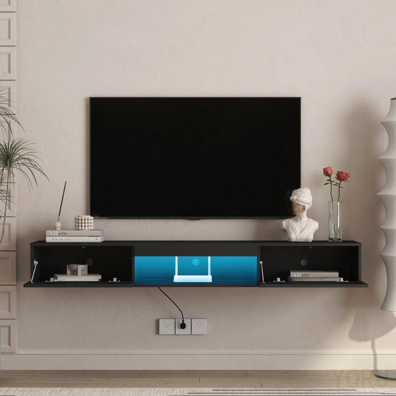 Meuble télé 69 po mural flottant pour téléviseur de 65 po avec lumières DEL 16 couleurs - noir, Black