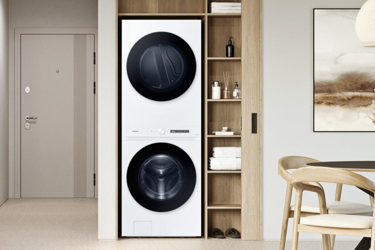 large front-load washing machine and dryer in a modern laundry space, suitable for bulky bedding