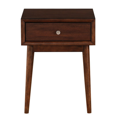 Mid-Century Modern End Table In Brown With Polished Nickel And Functional Drawer Living Room Furniture Finish