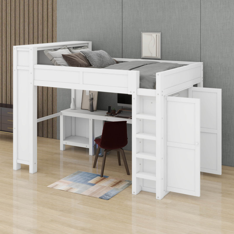 Grand lit mezzanine avec garde-robe et bureau, Blanc