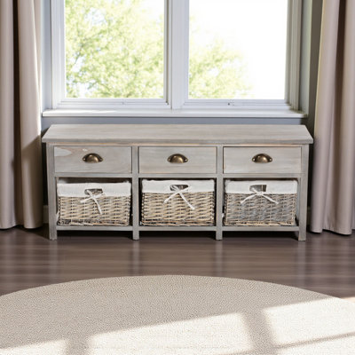 Banc de rangement à 3 tiroirs avec paniers au fini gris clair Yarven, H 16,28 po x l 41,89 po x P 11,26 po
