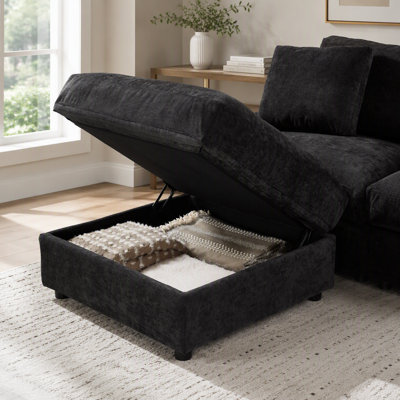 72 Inch L-Shaped Modular Sectional Sofa Set For Living Room, 2-Seater Comfy Cloud Couch With Movable Ottoman & 3 Storage, Polyester Fabric, Black