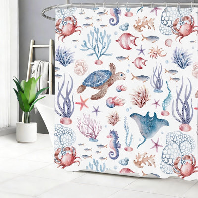 Watercolor Ocean Life Shower Curtain Nautical Bath Decor Blue 72x72 Inch