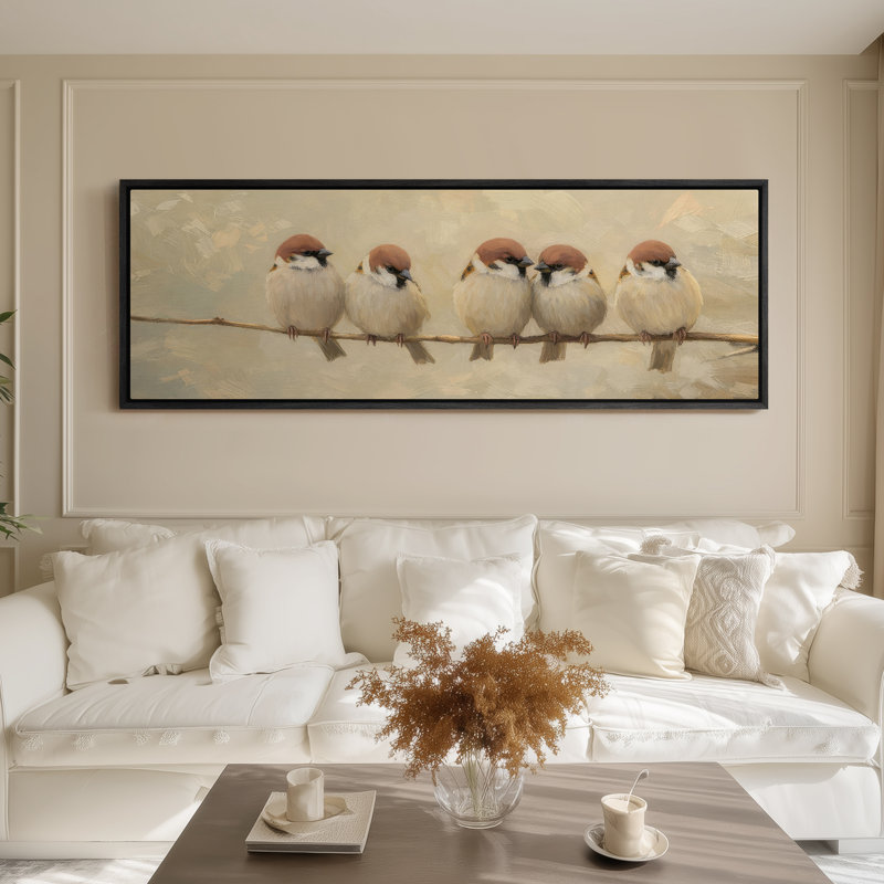 Art mural encadré, charmants moineaux assis sur une branche dans des tons neutres doux - 16 po x 24 po, 24 po x 36 po, Noir