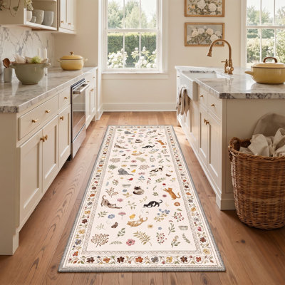 Tapis de couloir ivoire / orange lavable en machine avec envers antidérapant