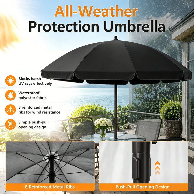 Ensemble bistro de patio 6 pièces avec 4 chaises pliantes, une table ronde en verre et un grand parasol extérieur, Black