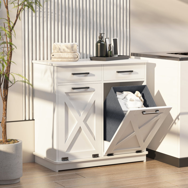 Double Tilt-Out Laundry Hamper Cabinet Hidden Laundry Cabinet With 2 Drawers & 2 Baskets For Bathroom, Kitchen