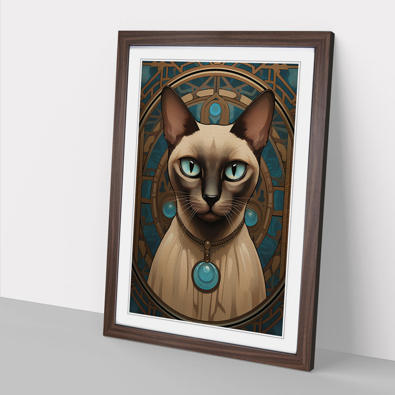 Siamese Cat Art Deco - Single Picture Frame Print on Wood, Walnut Framed, 64cm H x 46cm W