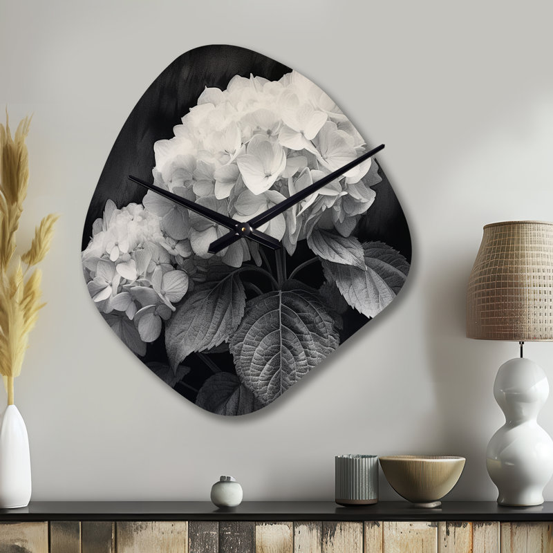 Horloge murale grise et blanche hydrangée Bloom II - Floral, Petit
