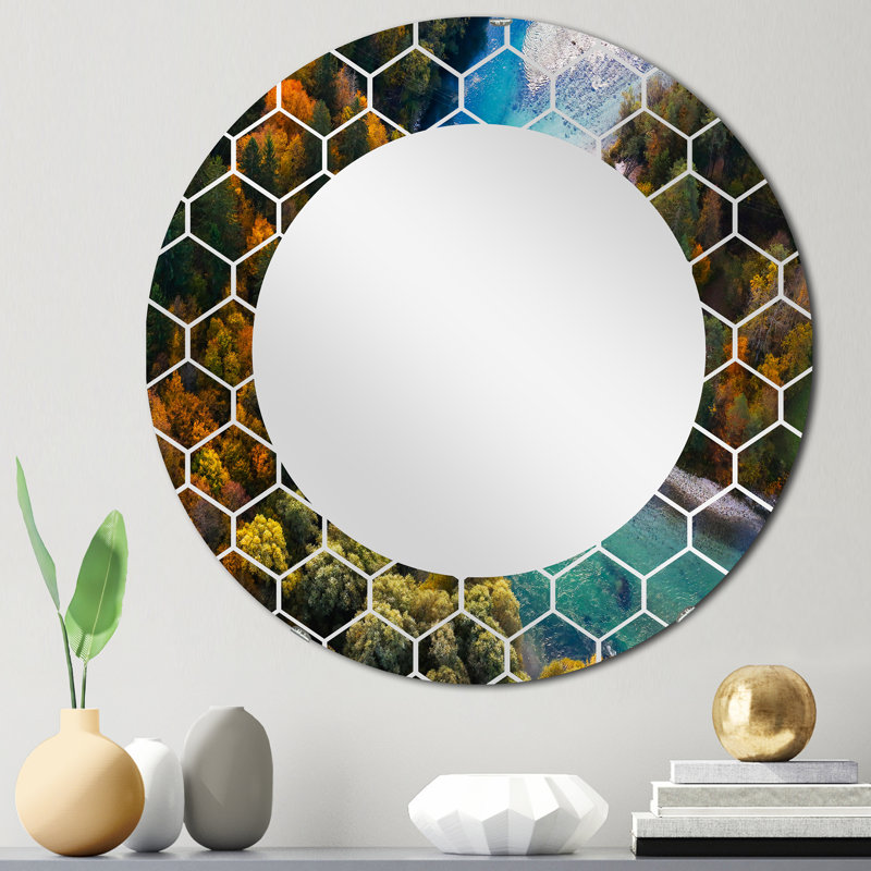 Turquoise rivière serpentant à travers la forêt - miroir mural nautique et côtier, 24 po x 24 po