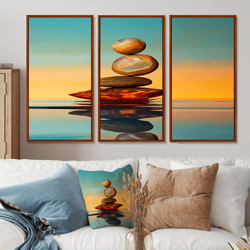 Ensemble de salon art mural méditation Zen Stones, H 28 po x l 36 po x P 1 po, Cadre flottant brun