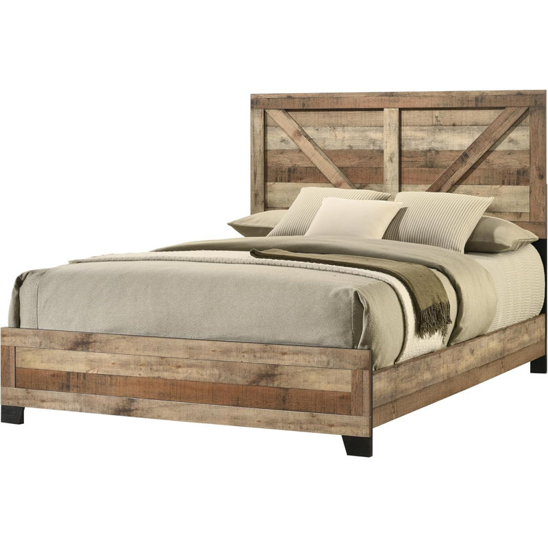 Biloxi 3-Piece Bedroom Set – Queen Size Bed with Dresser and Mirror in Antique Natural Wood Finish with Rustic Farmhouse Style