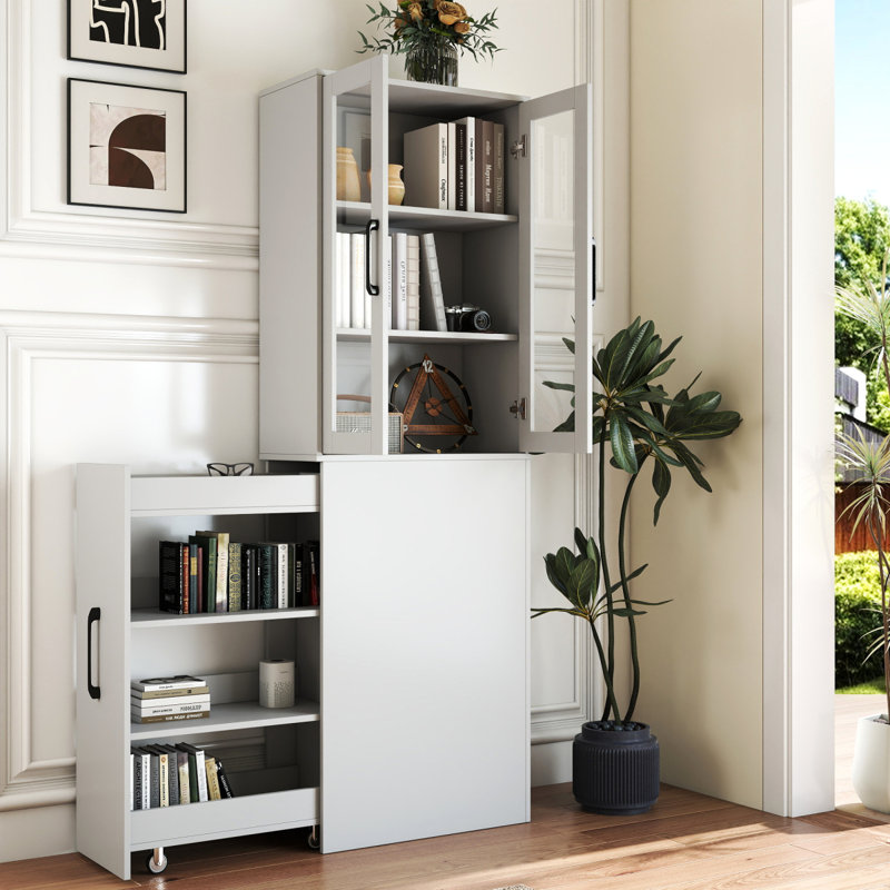 Armoire de rangement H 70,87 po, étagère de rangement coulissante multi-fonctions à 4 niveaux et 2 portes en verre, garde-manger moderne en bois pour le salon ou la cuisine et la salle à manger