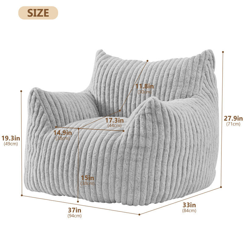 Plush Corduroy Bean Bag Chair with Memory Foam, Living Room Bedroom Lazy Floor Sofa, Light Gray, 27.9“ H x 37" W x 33"D