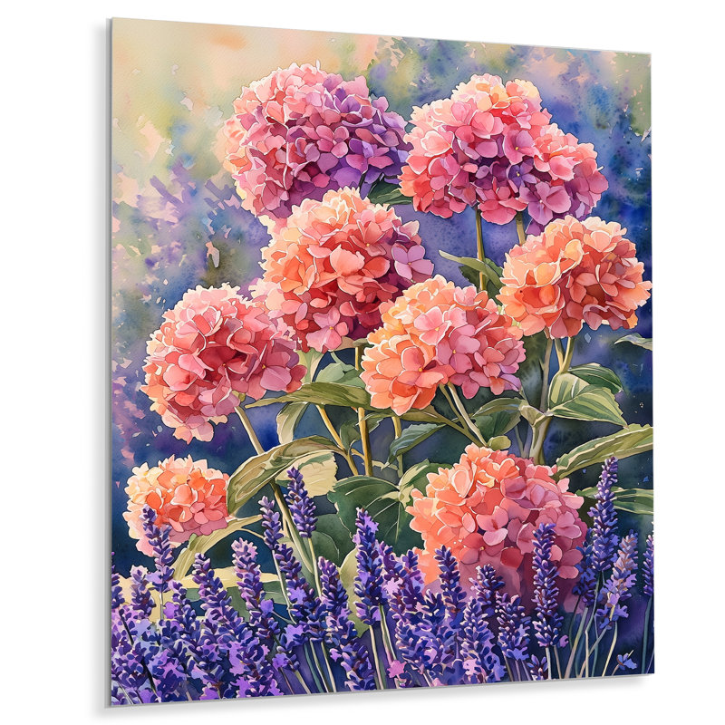 Hortensias dans un champ de lavande III - reproduction d'art traditionnelle en métal, hydrangées en métal, H 20 po x l 12 po