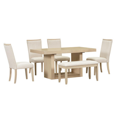 Ensemble de table de salle à manger à rallonge de style contemporain de 6 pièces avec table à rallonge et banc amovible de 18 pouces, 4 chaises de salle à manger rembourrées, naturel (OLD SKU: SP000054AAA)