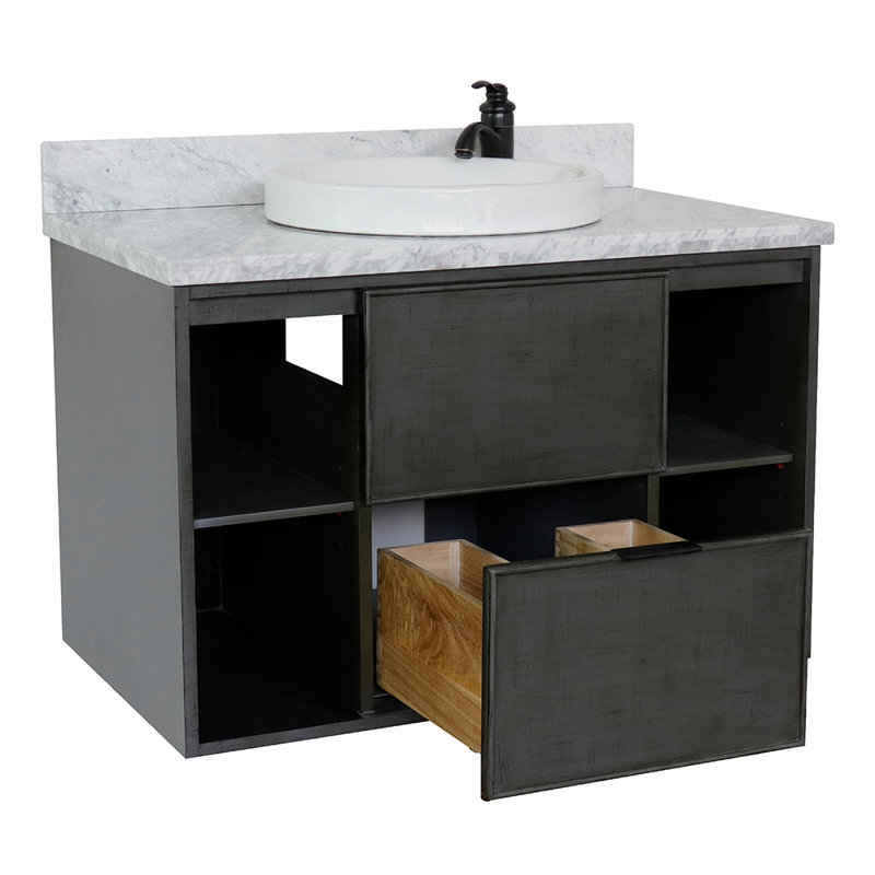 Meuble-lavabo mural simple 37 po, Marbre de Carrare blanc