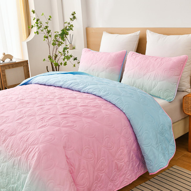 Ensemble de courtepointe réversible en microfibre légère 3 pièces 3 saisons, Blue Pink Mint