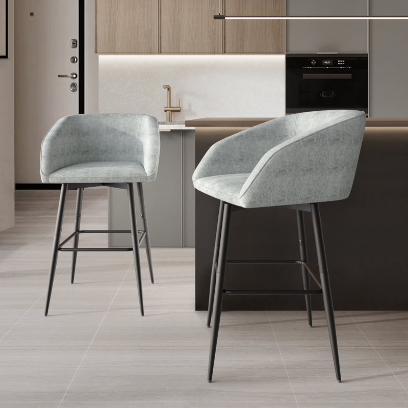BLACK METAL SWIVEL COUNTER CHAIR IN LIGHT GREY CHENILLE, Light Grey