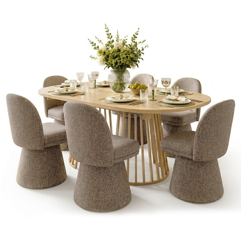 6 - Person Dining Table Sets With Extendabe Oval Table & 6 Upholstered Tweed Swivel Chairs, Brown