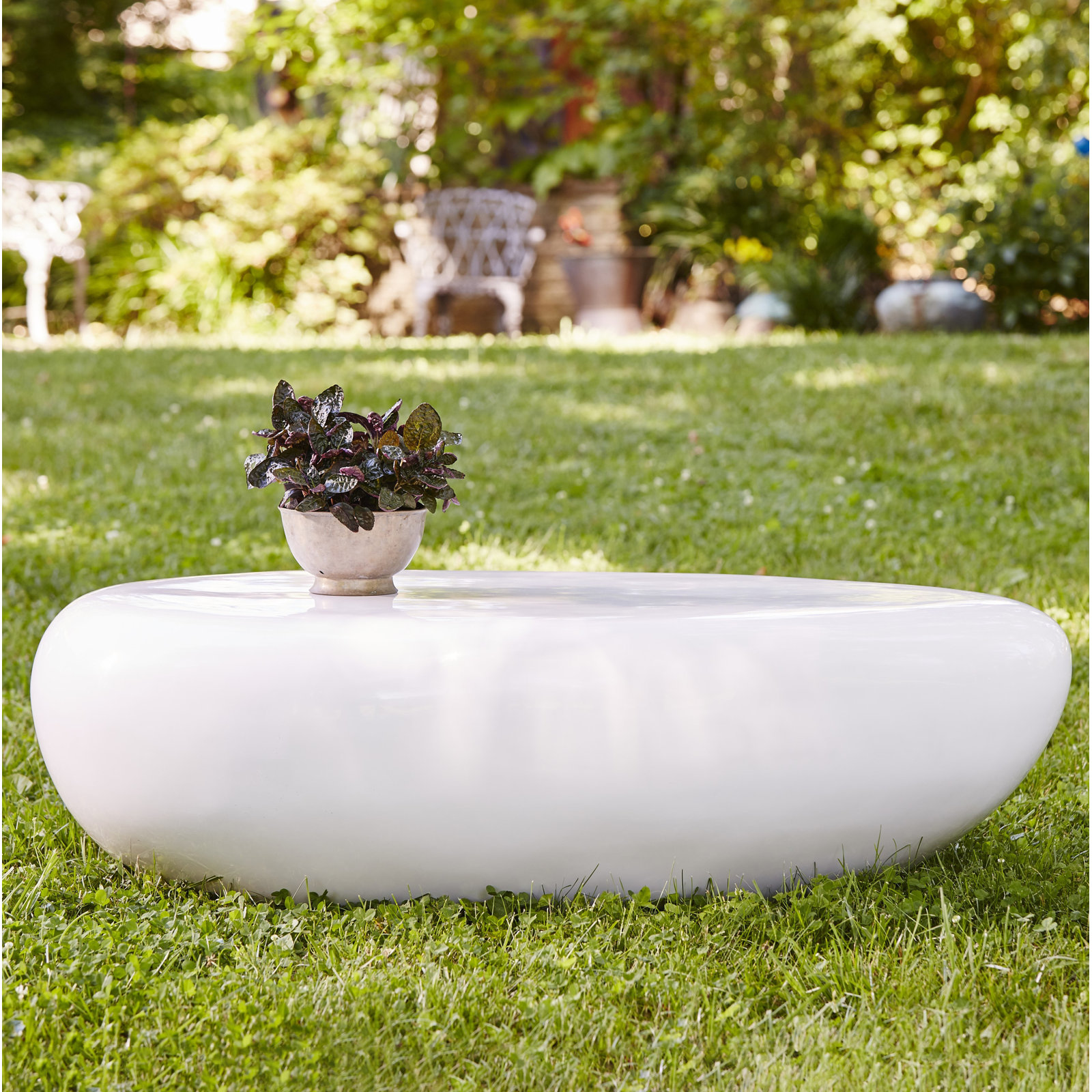 Polished Aluminum River Stone Solid Coffee Table, 14" H x 42" L x 26" W, White
