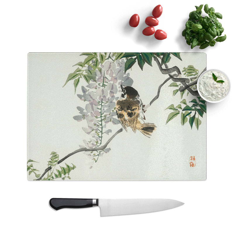 Tempered Glass Sparrow on a Branch by Kono Bairei Chopping Board, 39 cm W x 28.5 cm L