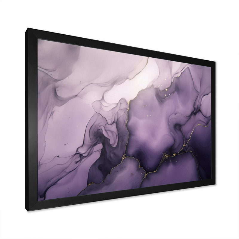 Mauve et gris, encre de marbre, nuages X, art mural fractales, Cadre simple noir, H 12 po x l 20 po x P 1 po